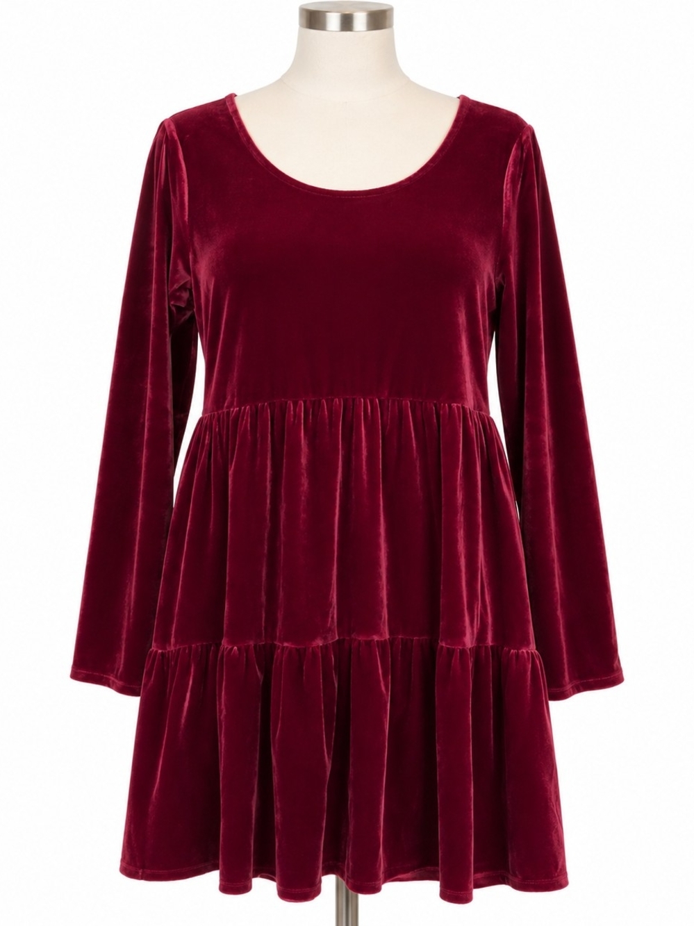Live To Be Spoiled Velvet Tiered Dress L Burgundy Wine Long Sleeve Scoop Neck